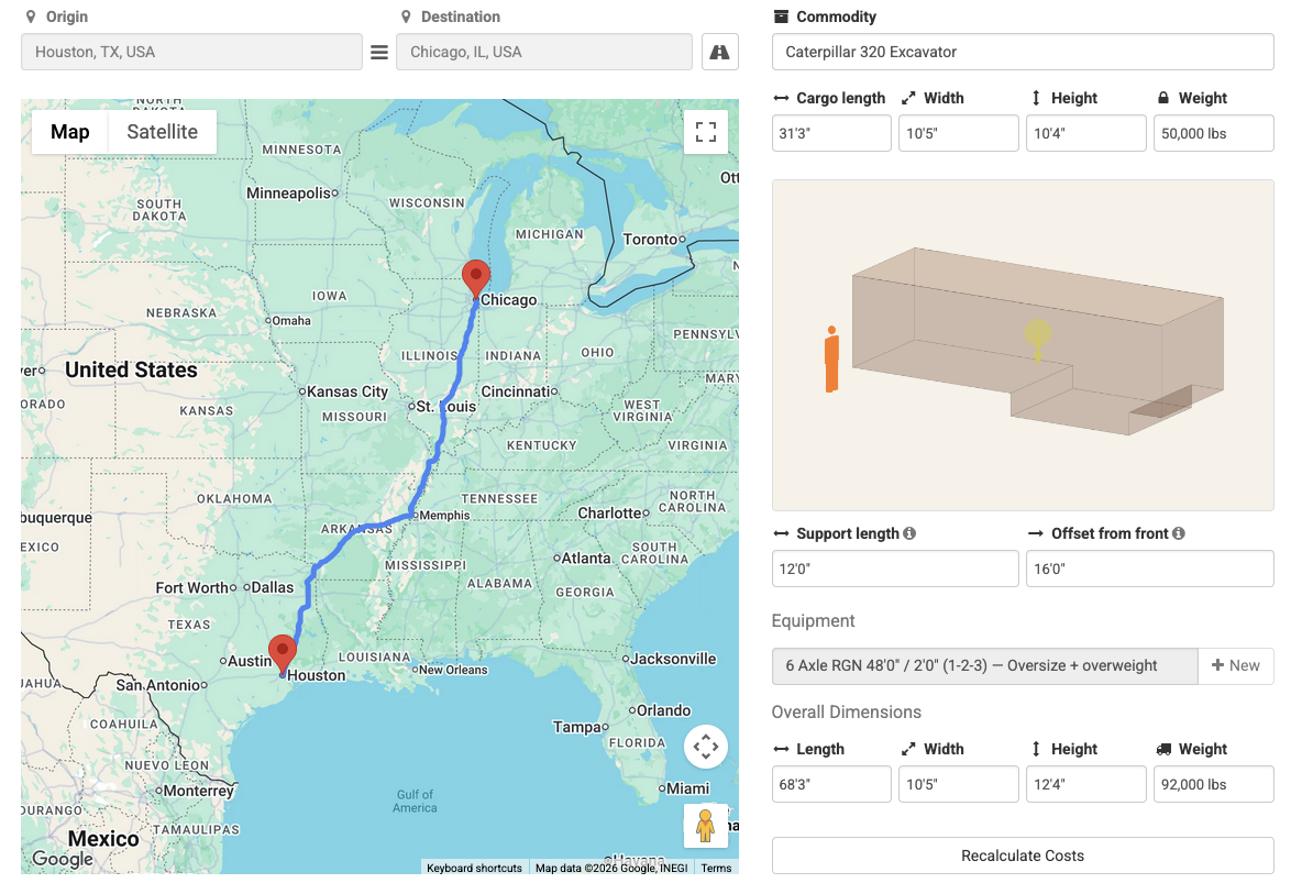 Load entry screen with origin, destination, route map, commodity dimensions, and equipment